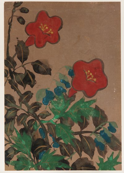 Fiori rossi e blu e fogliame, periodo Edo da Unbekannt