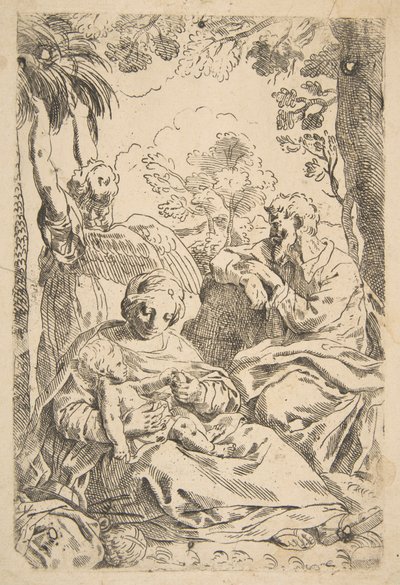 Riposo in Egitto, Sacra Famiglia seduta mentre un angelo tira i rami di un albero, ca. 1637-1639 o dopo da Unbekannt