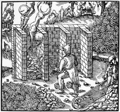 Arrostimento del minerale di rame in una fornace da Unbekannt