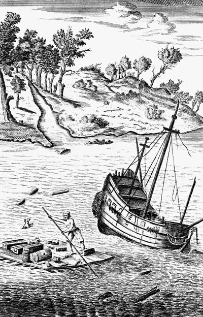 Robinson Crusoe salva i suoi beni dal naufragio della nave, c1719 da Unbekannt