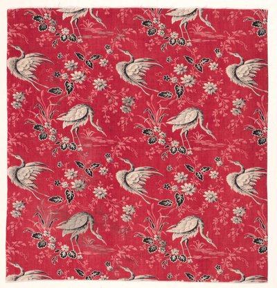Cotone stampato a rullo con disegno di airone e fiori, 1800 da Unbekannt