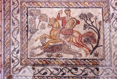 Mosaico romano di cavaliere che caccia un leopardo, Merida, Spagna, II-III secolo da Unbekannt