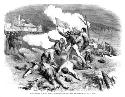 Soldati russi che sparano su un equipaggio di barche inglesi, sotto la protezione di una bandiera di tregua, 1855 da Unbekannt