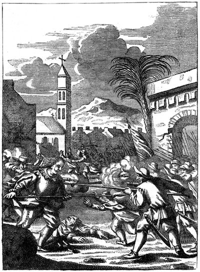 Sacco di Puerto Principe, Hispaniola, da Capitano Morgan, 1667 da Unbekannt