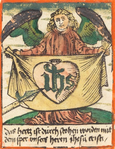 Monogramma sacro in un Sacro Cuore su un panno tenuto da un angelo, c. 1480 da Unbekannt