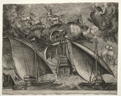 Imbarcazioni a vela: Due galee che navigano dietro un tre-alberi armato con Fetonte..., 1561-65 da Unbekannt
