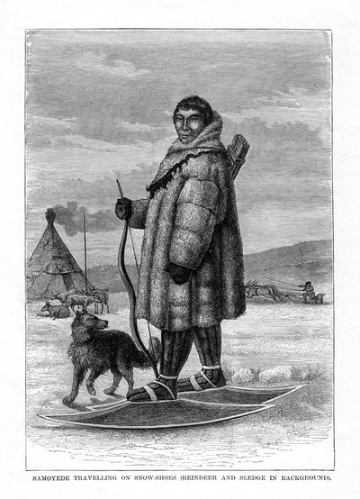 Samoyede che viaggia con le racchette da neve, Russia, 1877 da Unbekannt