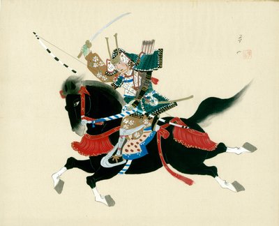 Guerriero samurai a cavallo. Un dipinto giapponese su seta, in stile tradizionale giapponese da Unbekannt