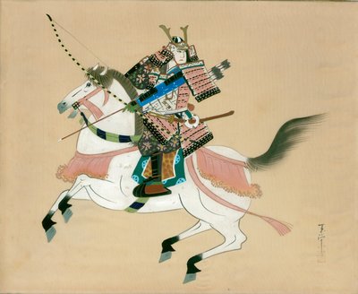Guerriero samurai a cavallo. Un dipinto giapponese su seta, in stile tradizionale giapponese da Unbekannt