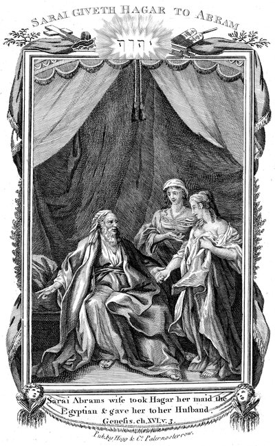 Sara, moglie di Abramo, essendo sterile, offre Agar la sua serva a suo marito, c1804 da Unbekannt