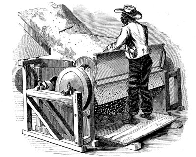 Sgranatrice per pulire il cotone operata da un lavoratore nero a piedi nudi, sud degli USA, 1865 da Unbekannt