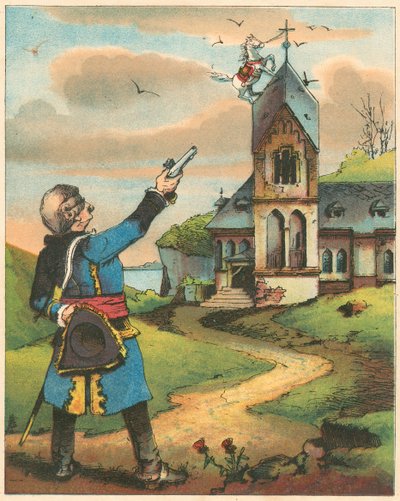 Scena da Le avventure del barone di Münchhausen di Rudolph Erich Raspe, c1850 da Unbekannt