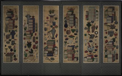 Libri e utensili degli studiosi Chaekkori. Schermo pieghevole a sei sezioni, metà del XIX secolo da Unbekannt