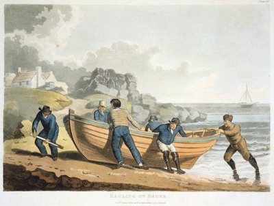Marinai che tirano una scialuppa clinker-built sulla riva, 1821 da Unbekannt