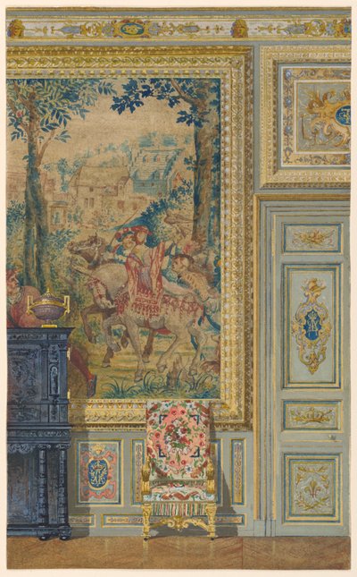 Sezione di un muro che mostra una parte di arazzo fiammingo, Sala degli Arazzi, Palazzo di Fontainebleau, Francia da Unbekannt