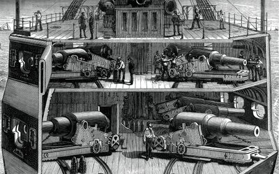 Vista in sezione delle batterie nella fregata corazzata Alexandra, c1880 da Unbekannt