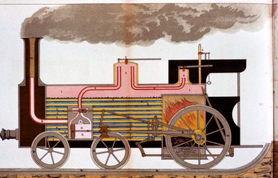 Vista sezionale di una locomotiva ferroviaria a vapore di metà XIX secolo da Unbekannt