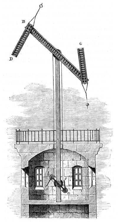 Vista sezionale di una torre telegrafica per il semaforo di Claude Chappe, 1792, c1870 da Unbekannt