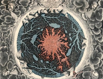 Vista sezionale della Terra, che mostra il fuoco centrale e i canali sotterranei collegati agli oceani da Unbekannt