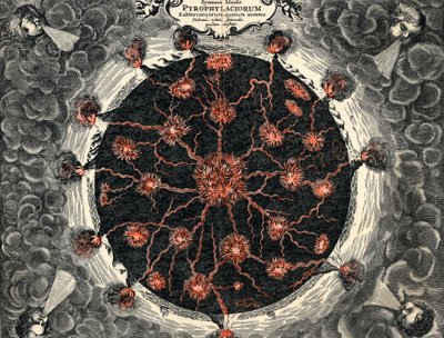 Vista sezionale della Terra, mostrando fuoco centrale e vulcani, 1665 da Unbekannt