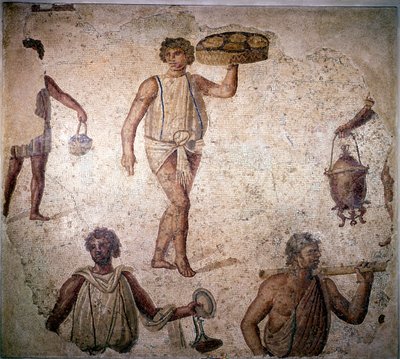 Servi o schiavi che preparano un banchetto, mosaico, Cartagine, II secolo da Unbekannt