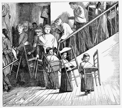 Comunità Shaker che va a cena, ciascuno portando la propria sedia Shaker, Stato di New York, 1870 da Unbekannt