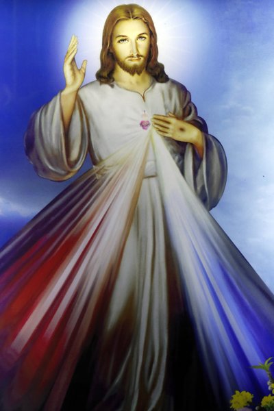 Negozio che vende articoli religiosi cristiani. Gesù misericordioso, confido in te. Ho Chi Minh City, Vietnam da Unbekannt