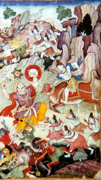 Siva distrugge il demone e Haka, manoscritto Harivamsa, Scuola Mughal, c1590 da Unbekannt