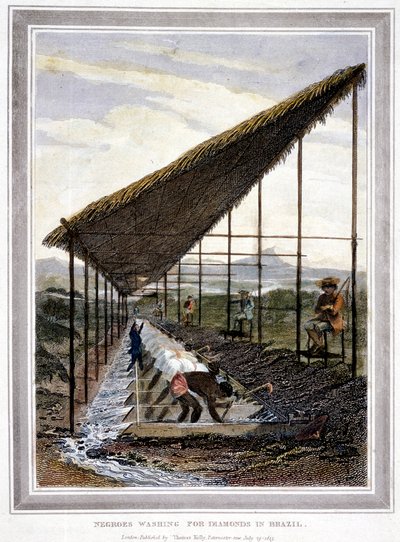Schiavi che lavano diamanti sorvegliati da supervisori con fruste, Brasile, 1815 da Unbekannt