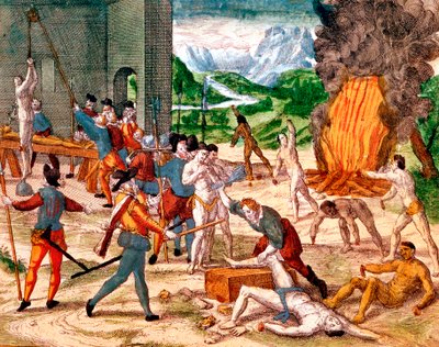 Conquistadores spagnoli torturano indiani americani da Unbekannt