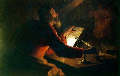 San Luca Evangelista scrive il suo Vangelo osservato dal suo simbolo, un bue da Unbekannt