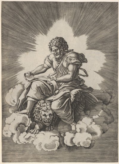 San Marco, seduto con una pergamena srotolata nelle mani, una testa di leone alato e una zampa, dopo il 1518 da Unbekannt