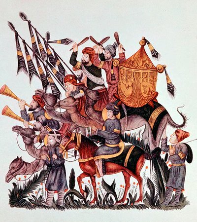 Portabandiera, tamburini e trombettieri di un esercito saraceno, XIII secolo da Unbekannt