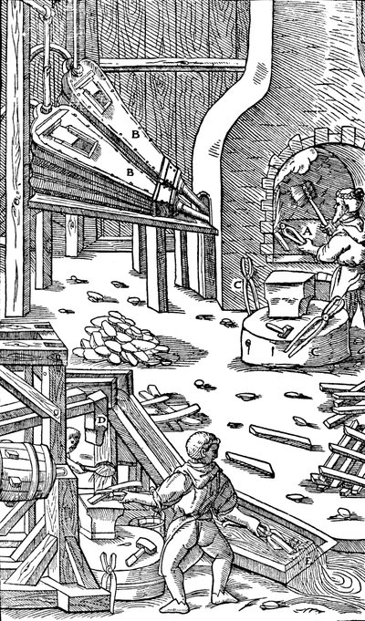Produzione di acciaio: una forgia con mantici per produrre tiraggio, 1556 da Unbekannt