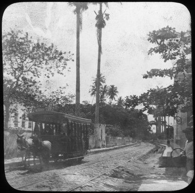 Scena di strada con tram trainato da cavalli, Pernambuco, Brasile, fine XIX o inizio XX secolo da Unbekannt