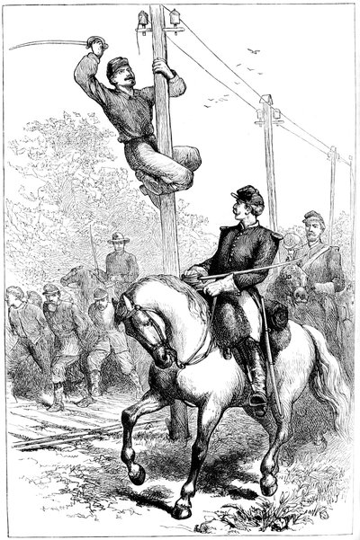 Cavalleria degli Stuart che taglia fili telegrafici, Guerra Civile Americana, c1861-1864 c1880 da Unbekannt