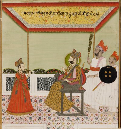 Surat Singh siede su un trono con braccioli a forma di leone e riceve il suo giovane figlio, c1800 da Unbekannt