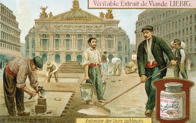 Pavimentazione di una strada di Parigi con blocchi di legno, c1900 da Unbekannt