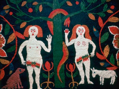 Ricamo svedese di Adamo, Eva e il serpente, XIX secolo da Unbekannt