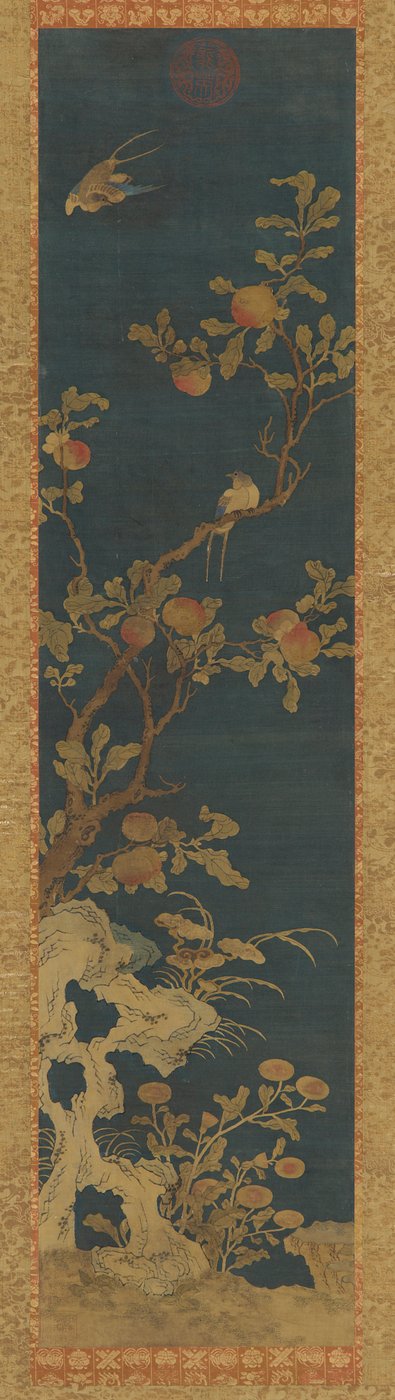 Arazzo: uccelli, pesco, rocce e fiori su sfondo blu, dinastia Qing, 1644-1911 da Unbekannt