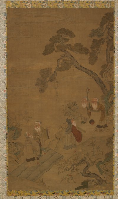 Arazzo: cinque saggi in un giardino sotto i pini, dinastia Ming a Qing, 1368-1911 da Unbekannt