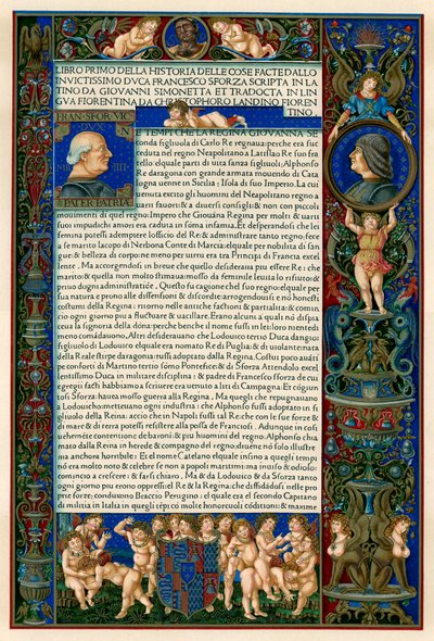 Pagina di testo con ritratti di Francesco Sforza da Unbekannt