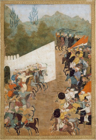 La battaglia di Shahbarghan, foglio da un Padshahnama, cronaca dell
