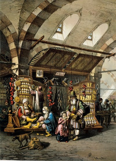 Il Bazar (souk) di Costantinopoli, litografia a colori da Unbekannt