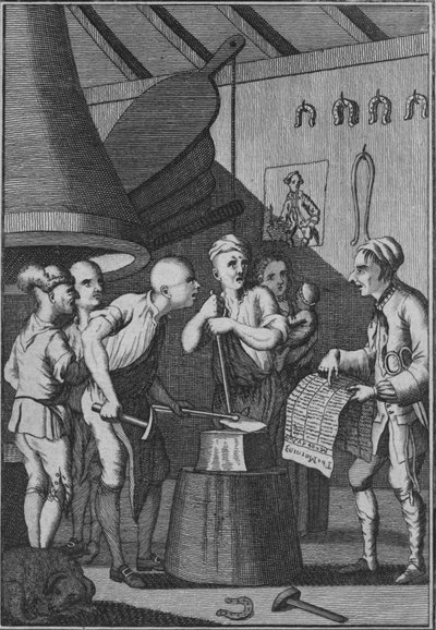 Il fabbro lascia raffreddare il suo ferro mentre si occupa delle notizie del sarto, 1772 da Unbekannt