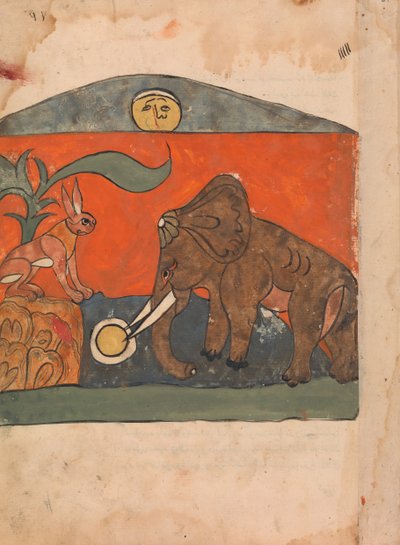 La lepre astuta con il re degli elefanti alla sorgente della luna..., XVIII secolo da Unbekannt