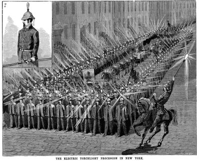 La Processione con Torce Elettriche a New York, USA, 1884 da Unbekannt