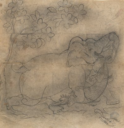 Il Re Elefante Lotta con un Coccodrillo: Illustrazione da una Serie Gajendramoksha, fine XIX sec. da Unbekannt