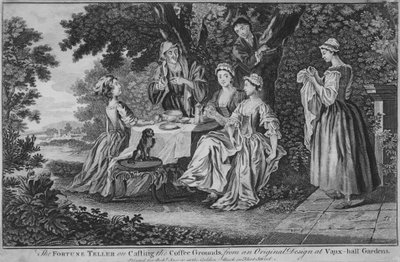 La chiromante che legge i fondi di caffè, da un disegno originale a Vaux-hall ..., 1748-60 da Unbekannt