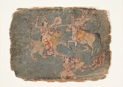 La dea Durga che uccide un nemico, Pagina da un Markandeya Purana disperso, 1650-60 da Unbekannt
